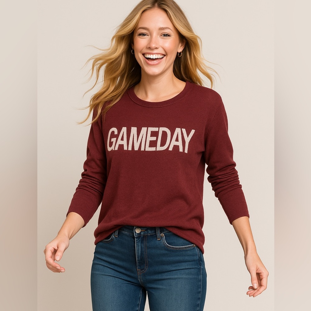 Rachel Zoe Maroon “GAMEDAY” Graphic Sweater Rayon Cashmere Blend M BJ3